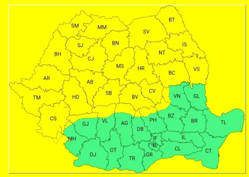 Administrația Națională de Meteorologie a emis o avertizare de tip Cod Galben între orele 12:00 și 21:00
