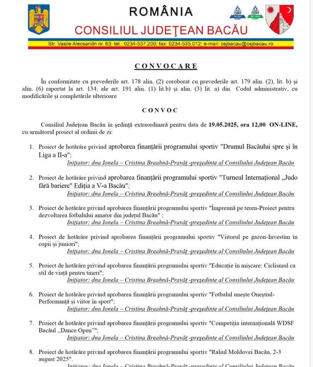  Ordinea de zi a ședinței extraordinare a Consiliului Județean Bacău din 19 mai 2025   Varianta rescrisă: Descoperă ordinea de zi a ședinței speciale a Consiliului Județean Bacău pentru 19 mai 2025, publicată în Ziarul de Bacău