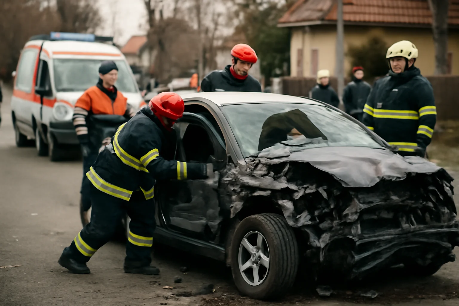 Imagini de la impactul rutier cu persoană prinsă în autovehicul, pe strada Nicu Enea din Moinești