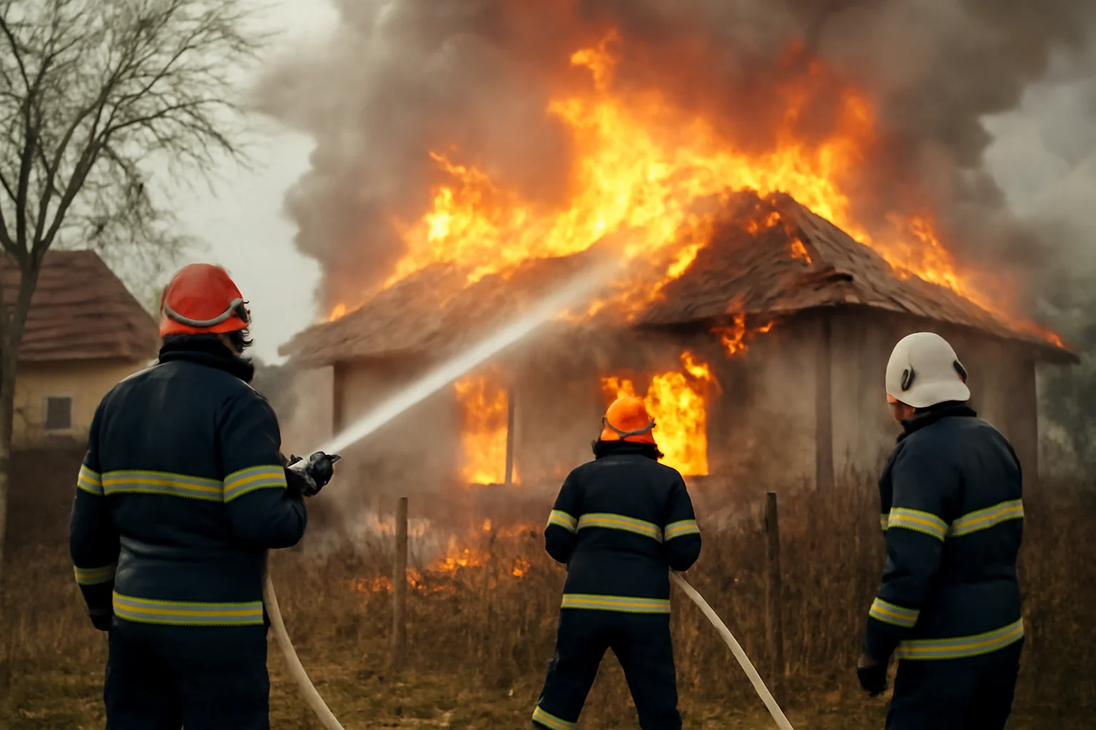Incendiu devastator în Helegiu: trei case ard, pompierii intervin