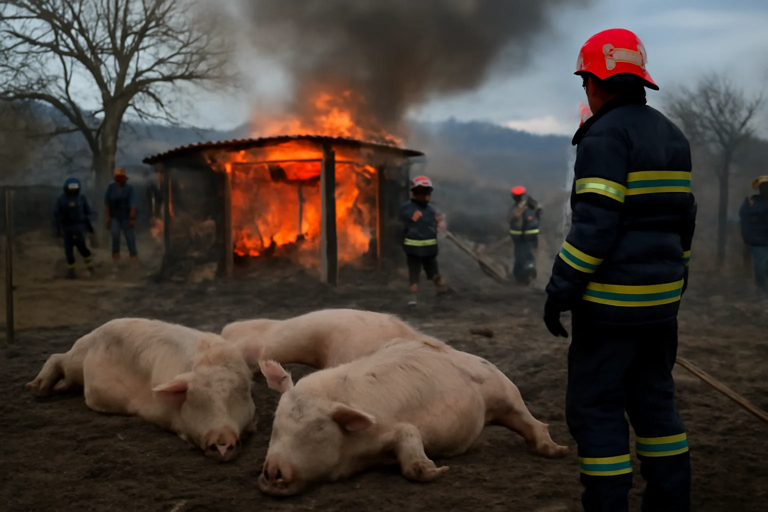Incendiu la un adăpost de animale din Pârgărești, județul Bacău: nouă porcine găsite moarte, zece salvate