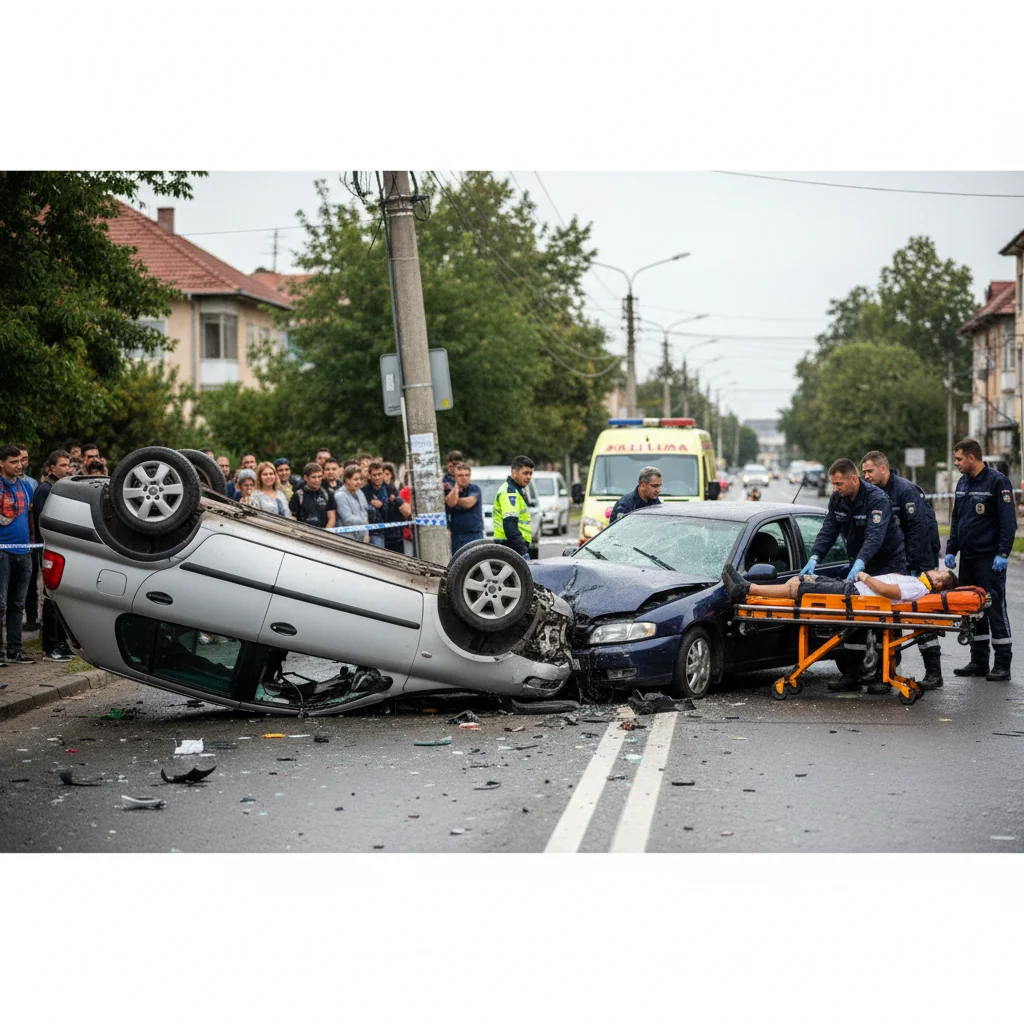 Mașină răsturnată și o persoană rănită