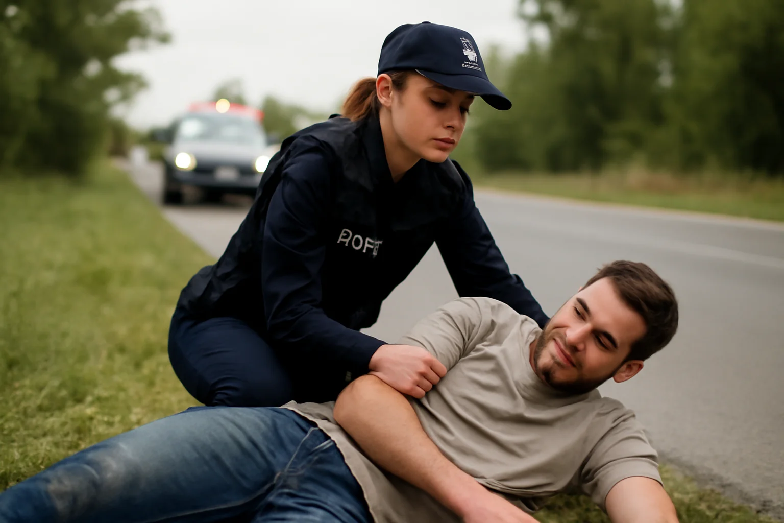 Polițistă din Bacău acordă primul ajutor unei persoane rănite pe marginea drumului în Oncești