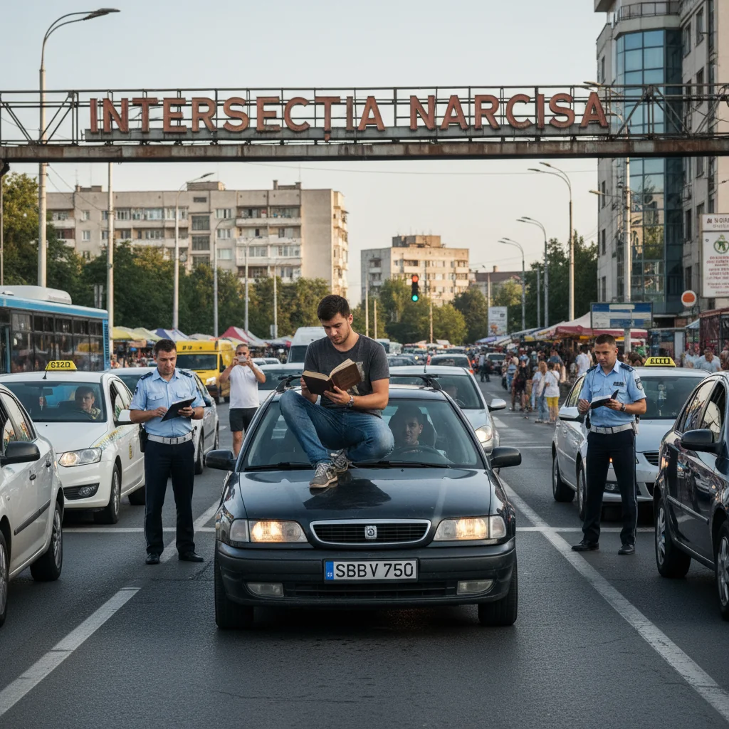 Tânăr din Bacău urcă pe mașină cu o carte în mână la intersecția Narcisa – Poliția deschide dosar penal
