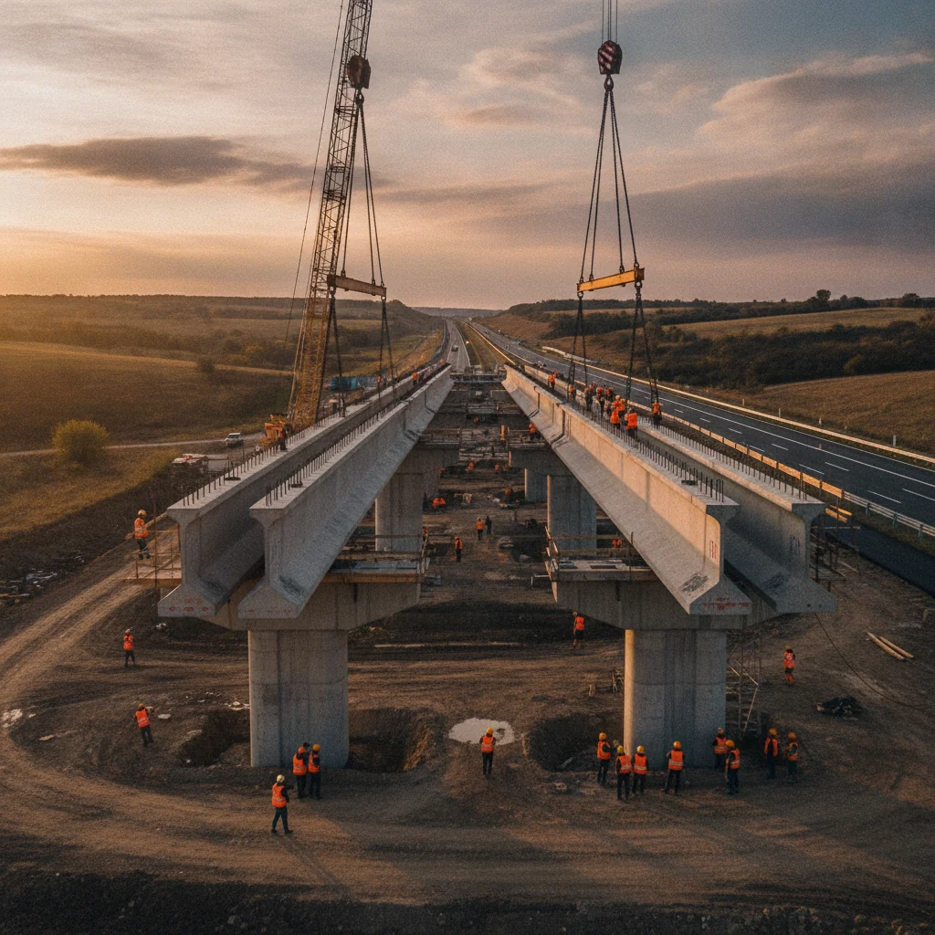 Umbrărescu montează grinzi la pasajul de 1.085 m de pe A1 Margina-Holdea