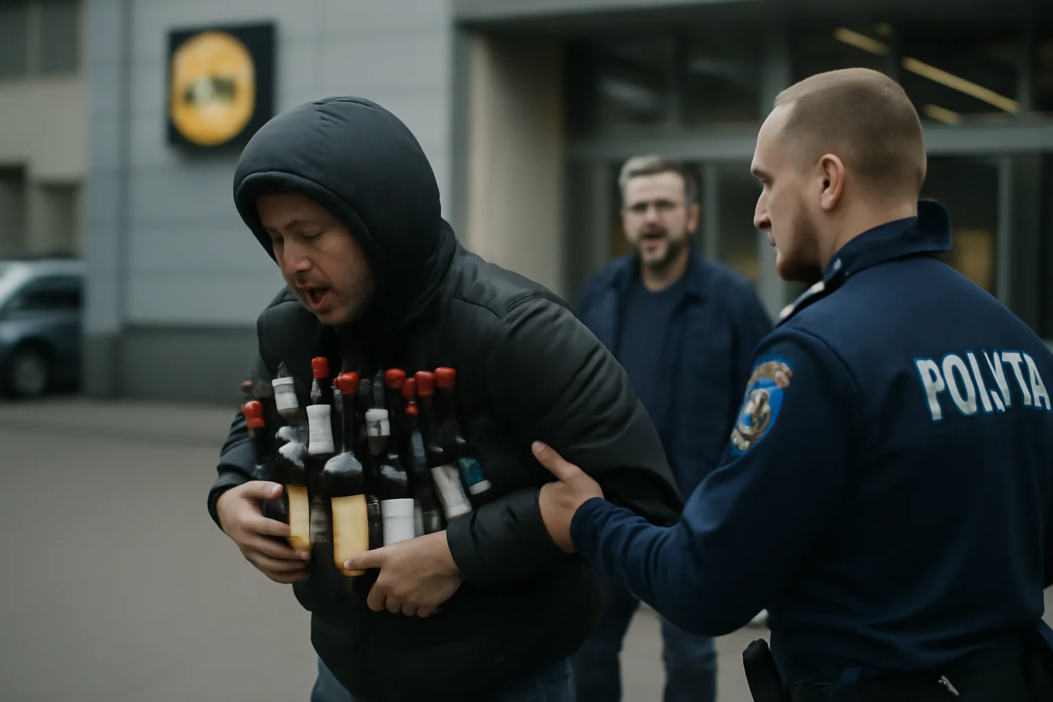 VIDEO! Bărbat prins încercând să fugă cu 11 sticle de alcool furate din Lidl de pe Ștefan cel Mare