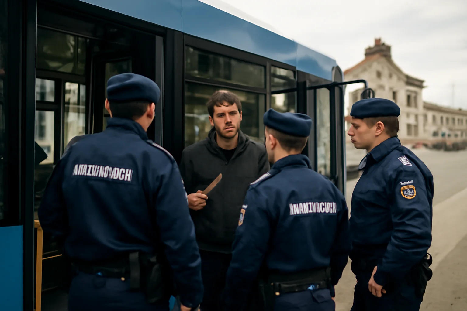 VIDEO Jandarmii intervin de urgență într-un autobuz din fața Gării Bacău, unde un pasager avea un cuțit