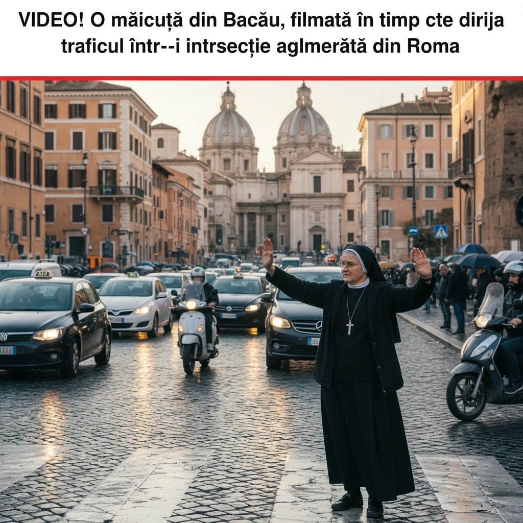 VIDEO! Măicuță din Bacău surprinsă dirijând traficul într-o intersecție aglomerată din Roma